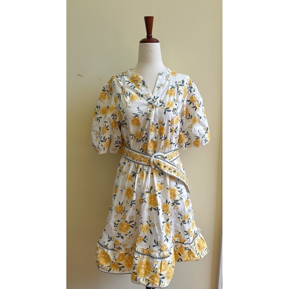 Joie Dresses & Skirts - Joie Tiered Puff Sleeve Floral Yellow and White Dress with Belt Size 2